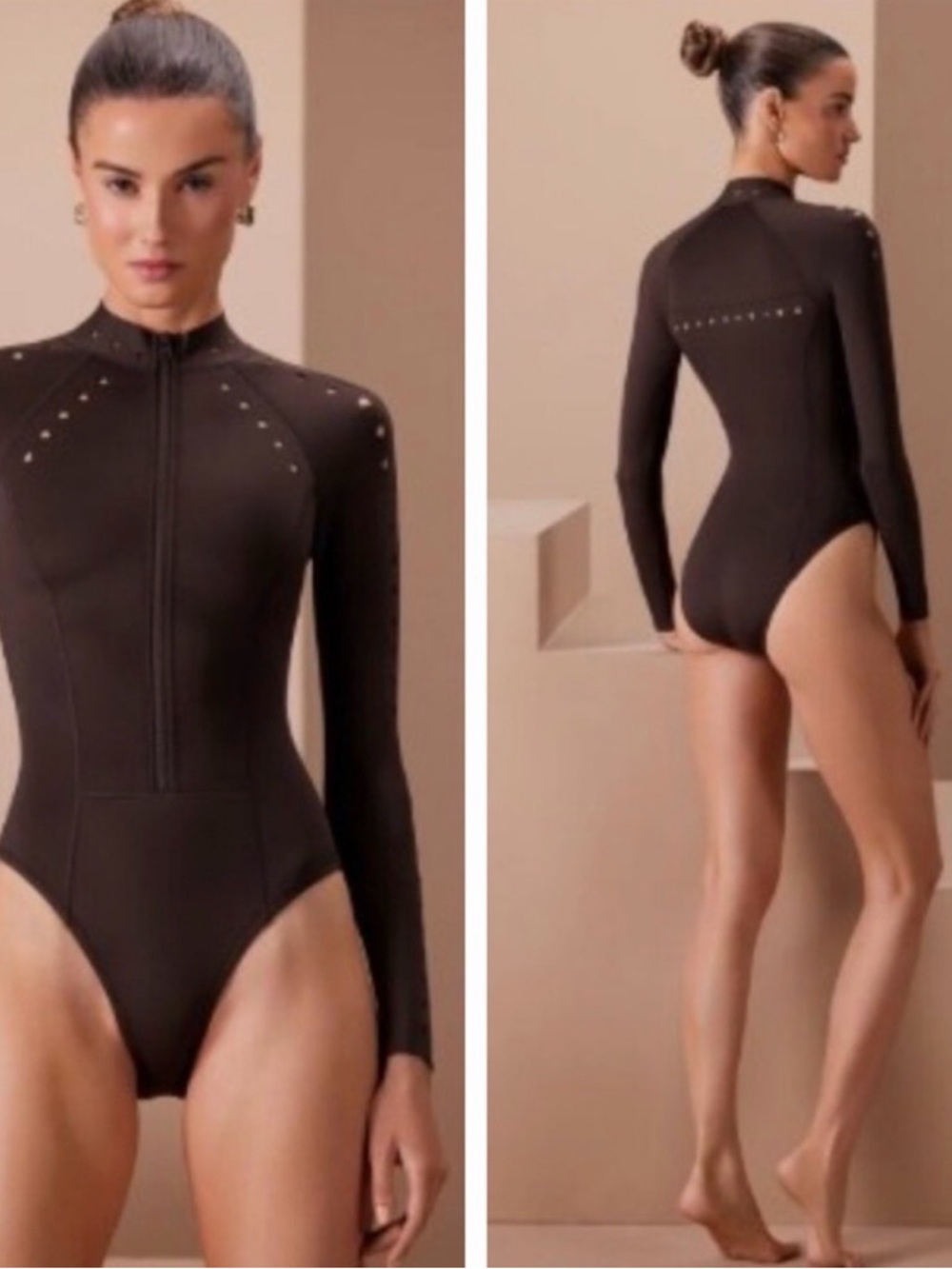 GIGI C Black Long-Sleeve Zip One-Piece Swimwear